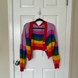 SHEIN Rainbow Striped Cardigan with Red Trim